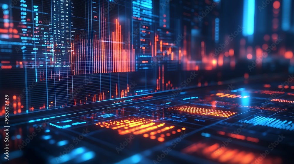 Financial data analysis, futuristic digital screens with metrics, 3D illustration Financial data analysis, futuristic digital screens with metrics, 3D illustration