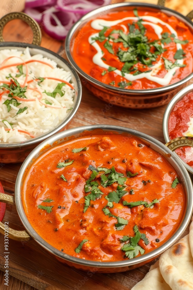 Spicy Chicken Tikka Masala with Fragrant Basmati Rice, Naan Bread, and Traditional Accompaniments Spicy Chicken Tikka Masala with Fragrant Basmati Rice, Naan Bread, and Traditional Accompaniments