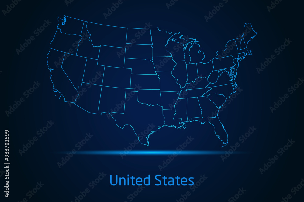 Abstract High Detailed Glow Blue Map on Dark Background of Map of United States symbol for your web site design map logo, app, Travel. Vector illustration eps 10.	
