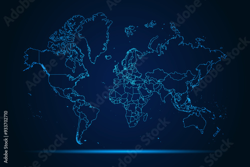 Abstract High Detailed Glow Blue Map on Dark Background of Map of World symbol for your web site design map logo, app, Travel. Vector illustration eps 10.	
