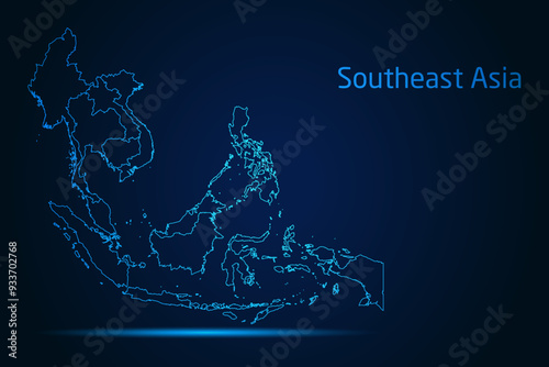 Abstract High Detailed Glow Blue Map on Dark Background of Map of Southeast Asia symbol for your web site design map logo, app, Travel. Vector illustration eps 10.	
