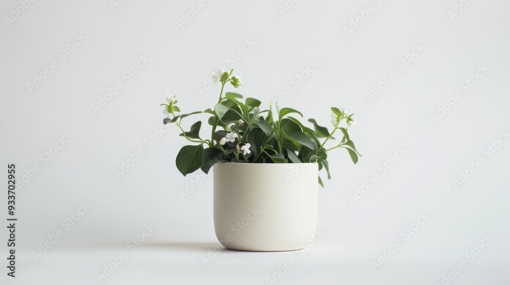 Small white flowers growing in minimal white pot Small white flowers growing in minimal white pot