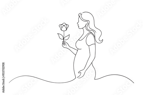 Pregnant woman with flower One line continuous line art vector illustration on white background