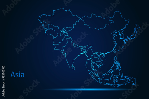 Abstract High Detailed Glow Blue Map on Dark Background of Map of Asia symbol for your web site design map logo, app, Travel. Vector illustration eps 10.	
