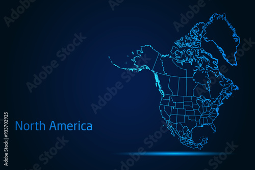 Abstract High Detailed Glow Blue Map on Dark Background of Map of North America symbol for your web site design map logo, app, Travel. Vector illustration eps 10.	
