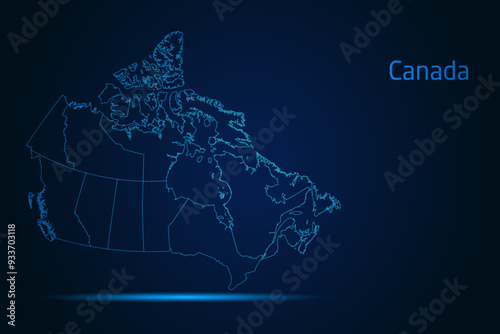 Abstract High Detailed Glow Blue Map on Dark Background of Map of Canada symbol for your web site design map logo, app, Travel. Vector illustration eps 10.	
