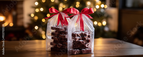 Festive chocolate gift bag with red ribbon in holiday setting