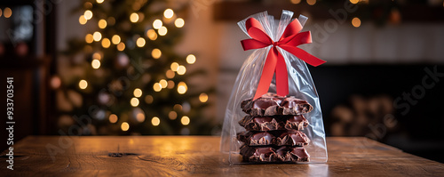 Festive chocolate gift bag with red ribbon in holiday setting