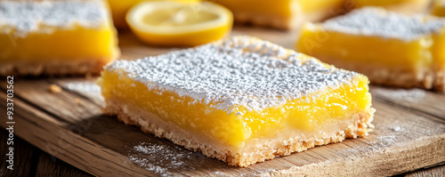 Freshly baked lemon bars with powdered sugar on parchment paper