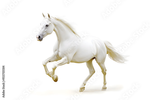 Beautiful white horse galloping isolated on white background