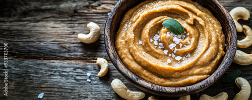 Creamy cashew nut butter with sea salt in a rustic bowl