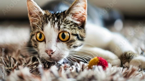 A white and brown tabby cat playing photo