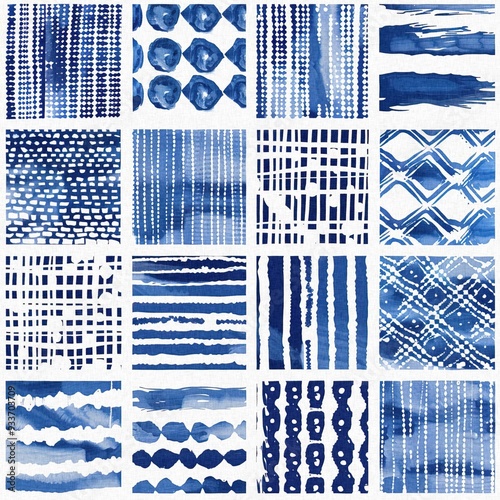 Modern blue white irregular beach patched shape mix for summer doodle beachwear design. Coastal mariner background for seaside living style in repeatable tile.