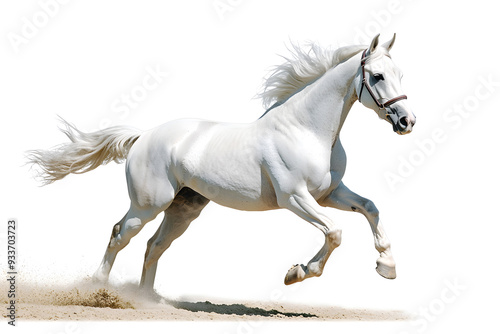 Beautiful white horse galloping isolated on white background