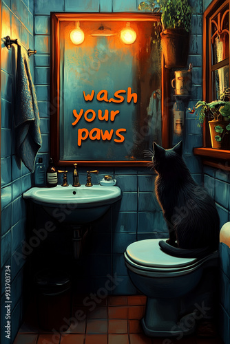 black cat washing paws at a vintage bathroom sink, bathroom poster decor