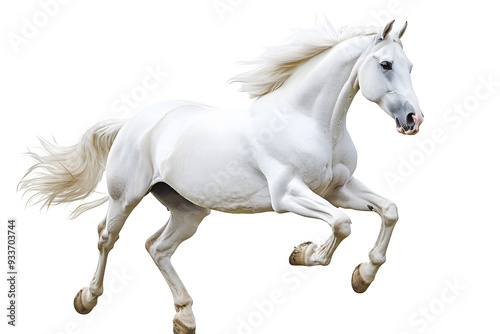 Beautiful white horse galloping isolated on white background