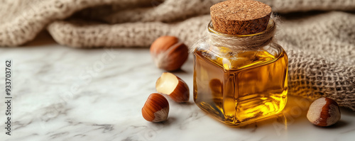 Glass bottle of hazelnut oil with whole hazelnuts on marble surface