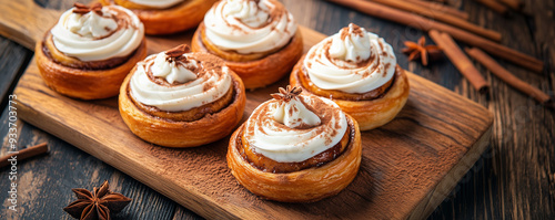 Golden-brown cinnamon rolls with cream cheese frosting on a wooden board