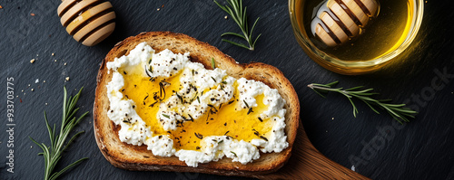 Ricotta toast with honey and rosemary on a dark slate background