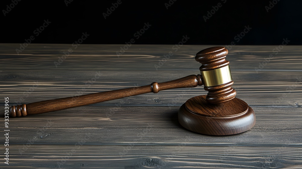 A wooden gavel rests on a dark wood surface. A wooden gavel rests on a dark wood surface.