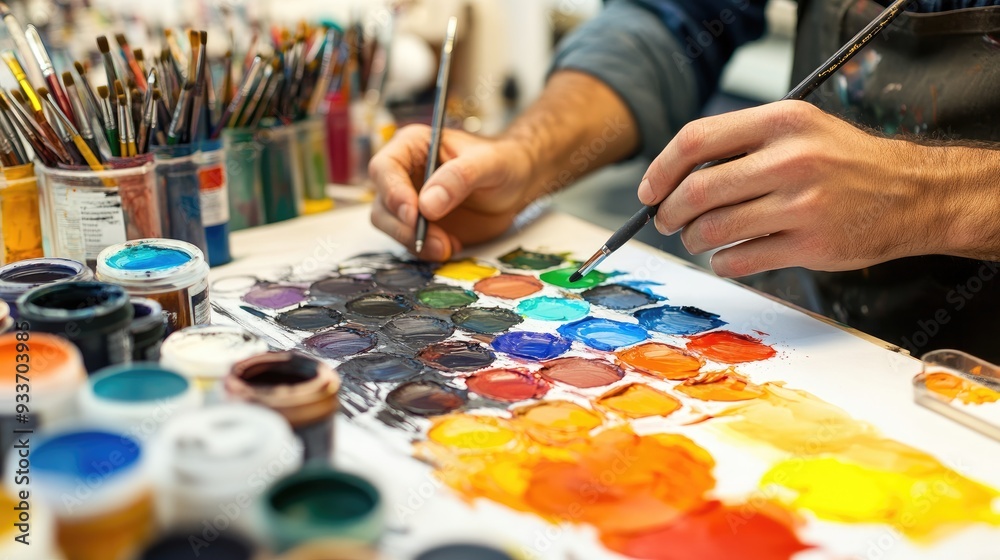 Fototapeta premium A painter mixes paints on a palette. This image is perfect for websites, articles, or social media posts about art, creativity, or color theory.