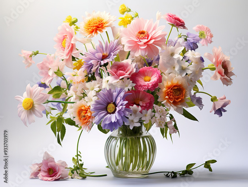 Bouquet of flowers in vase near envelope, paper hearts and beads on table.