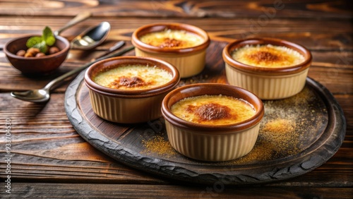 Rich vanilla cream base topped with a layer of caramelized sugar, crispy and golden, served in small ceramic ramekins on a rustic wooden table. photo