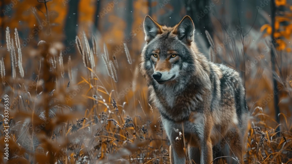 Fototapeta premium A wolf stands among tall grass in a forested area, looking towards the camera with a focused gaze.