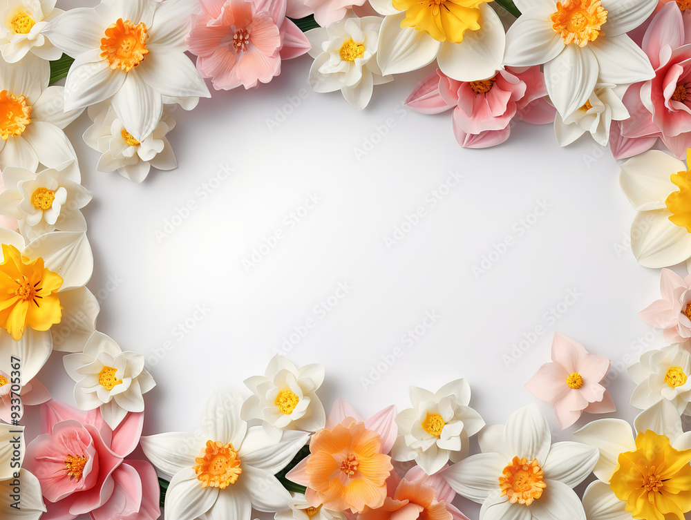 Greeting card template with yellow daffodils and green leaves isolated on white. Greeting card template with yellow daffodils and green leaves isolated on white.