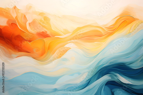 Abstract Watercolor Oil Painted of Water Wave Background with Splashes By Hand Drawn Brushes Painted. Vibrant Abstract Art: Dynamic Waves of Colorful Ocean and Sunset with Bold Brushstrokes
