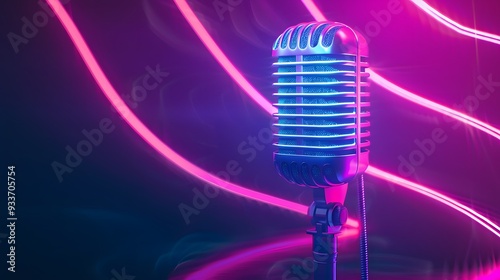 Microphone with waveform on blue background, broadcasting or podcasting banner. 