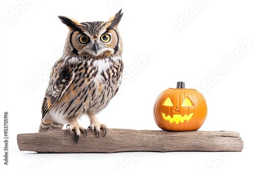 An owl perched beside a carved pumpkin, embodying the spirit of Halloween with a festive and whimsical touch. photo