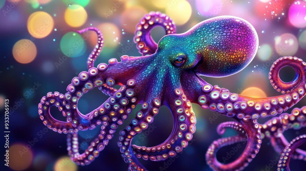 Vibrant Octopus with iridescent glow against abstract bokeh lights