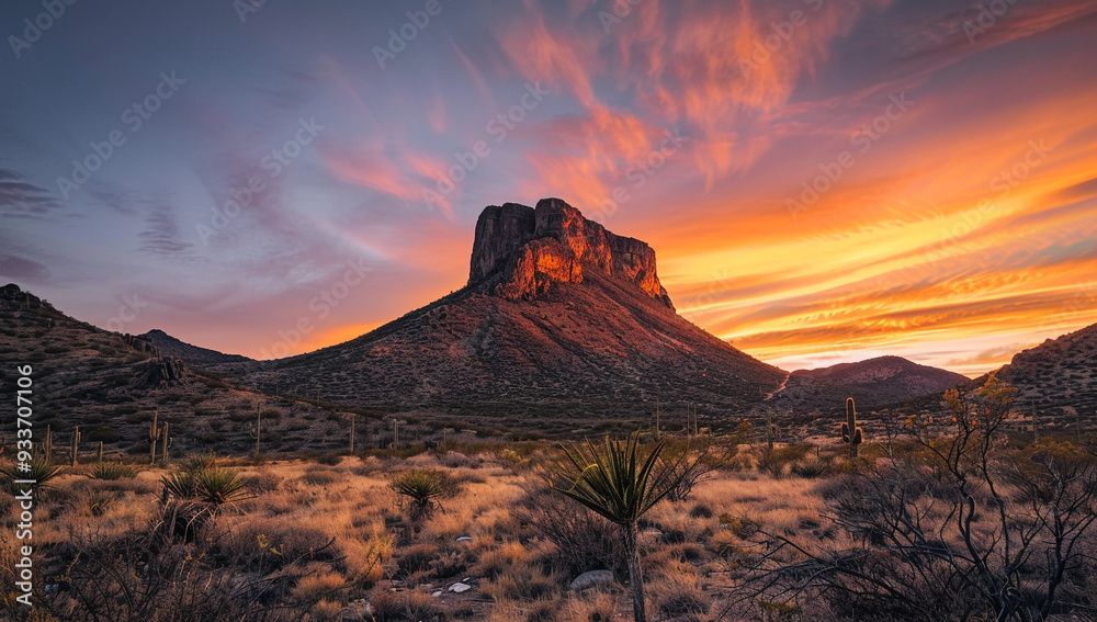 Naklejka premium a dome mountain with a vibrant, orange sunrise illuminating its rounded peak