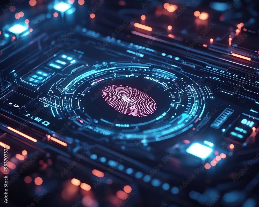 Futuristic interface showcasing a glowing fingerprint on a high-tech background, perfect for cybersecurity and technology themes. Futuristic interface showcasing a glowing fingerprint on a high-tech background, perfect for cybersecurity and technology themes.