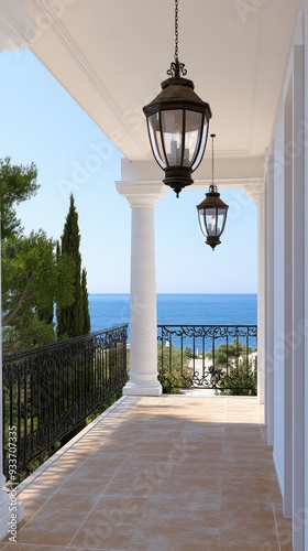 The spacious balcony features white columns and a checkered floor, with sunlight streaming through arches and trees framing the breathtaking sea view photo