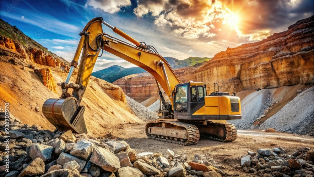 Fototapeta premium Rugged industrial excavator machine sitting in a quarry pit surrounded by dirt and rocks, ready for heavy-duty construction and mining operations activity.