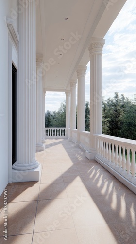 The spacious balcony features white columns and a checkered floor, with sunlight streaming through arches and trees framing the breathtaking sea view