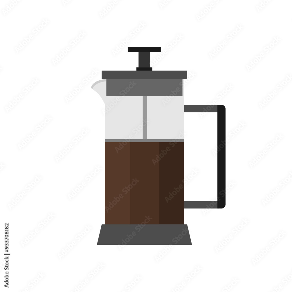 Fototapeta premium French press coffee maker flat design vector illustration isolated on white background. Coffee brewing method