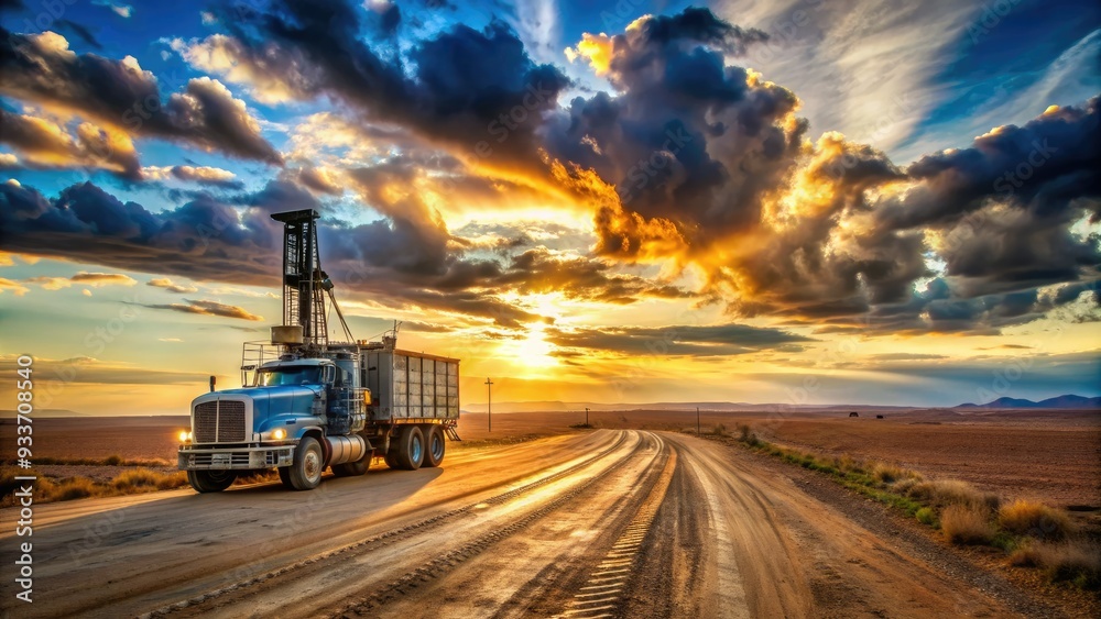 Rugged oilfield truck drives down a dirt road, hauling drilling equipment through a vast, barren landscape under a cloudy blue sky at dusk. Rugged oilfield truck drives down a dirt road, hauling drilling equipment through a vast, barren landscape under a cloudy blue sky at dusk.