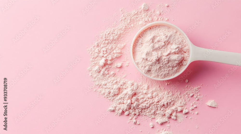 Pink powder in a scoop on pink background. Perfect for blog posts and websites related to protein powder, supplements, or healthy eating.