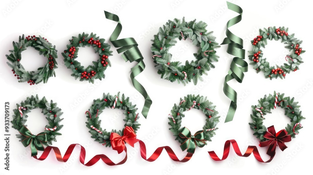 Christmas wreaths and ribbons, festive decorations, green and red, isolated on white background Christmas wreaths and ribbons, festive decorations, green and red, isolated on white background