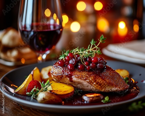 A sophisticated European dinner scene with a plate of roasted duck breast, garnished with a berry sauce and seasonal vegetables, accompanied by a glass of red wine, the rich colors and textures photo