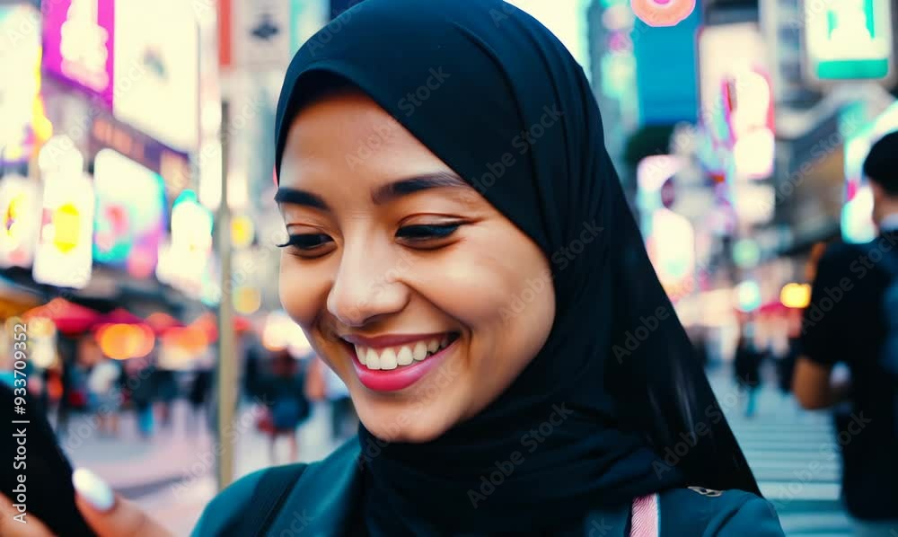 Iranian Woman Smiling While Using Mobile Phone in Tokyo Iranian Woman Smiling While Using Mobile Phone in Tokyo