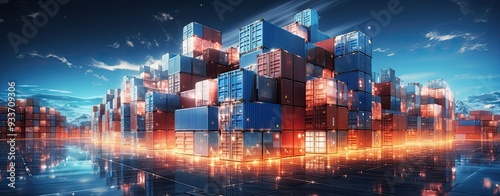 Cargo Containers at logistic hub with virtual scheme over it