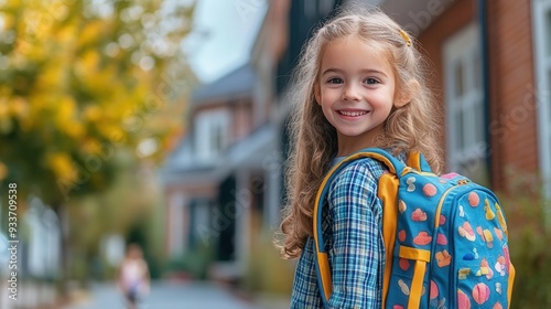 A little girl goes to school on her first day on the first bell with a colorful backpack and a smile.