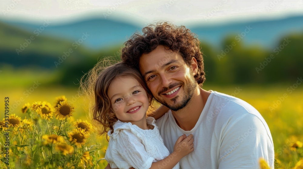Happy Father and Daughter in Sunflower Field Happy Father and Daughter in Sunflower Field