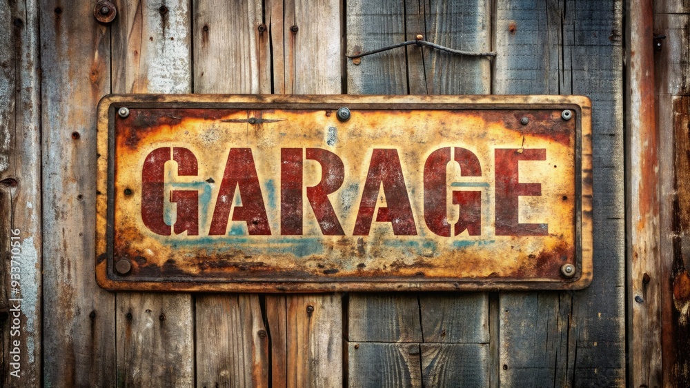 Rustic, distressed garage sign with faded lettering and worn edges, hanging crookedly on a weathered wooden wall, evoking a nostalgic, retro atmosphere. Rustic, distressed garage sign with faded lettering and worn edges, hanging crookedly on a weathered wooden wall, evoking a nostalgic, retro atmosphere.