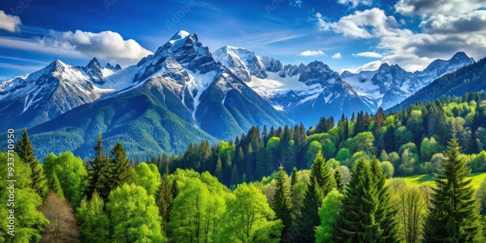 Fototapeta premium Beautiful mountain landscape with green trees, blue skies, and snow-capped peaks , nature, scenery, outdoors, mountains, landscape