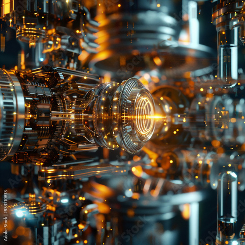 Futuristic quantum computing system with glowing circuits, complex connections, and data flows. Advanced technology visualization, representing quantum mechanics and high-performance computation.
